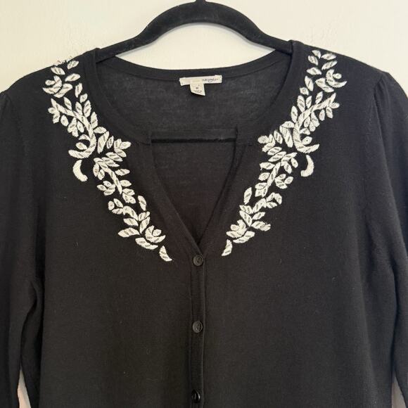 Merino Wool Cardigan Women - Black with Floral Embroidery Halogen SZ Med - Picture 2 of 10
